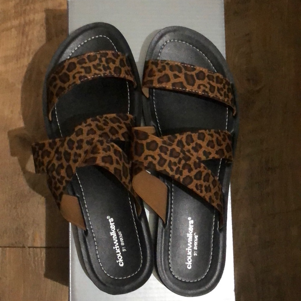 Brand new Cloudwalkers 10W Leopard slides/flip flops